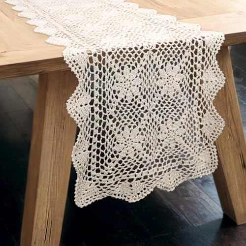 kilofly Handmade Crochet Cotton Rectangular Tablecloth Runner 15 x 59 Inch, Beige
