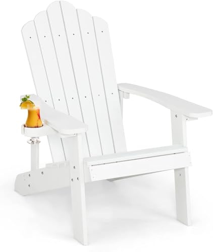 FANTASK Adirondack Stuhl mit Getränkehalter, wetterfester Gartenstuhl, Gartensessel aus Kunststoff, Weiß