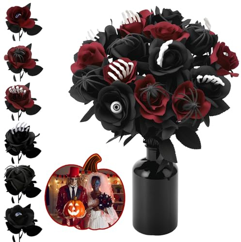Xialvyu 18 Stück Schwarze Rosen Künstlich,Realistische Kunst Rosen mit Augäpfel Handknochen Spinne für Halloween Party Deko Haus Garten Decor