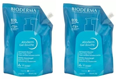 Eco-Refill ultramjuk duschgel | rengöringsskum | återfuktar, mjukar upp och skyddar | känslig och torr hud | krämig och doftande textur | Tvålfri | Tillverkad i Frankrike | Set med 2 x 1 L