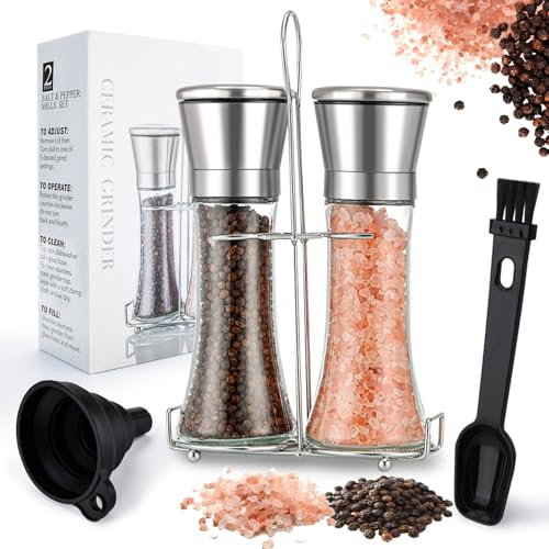 2 Pièces Moulin à Poivre et Sel en Verre,Salieres et Poivrieres,Moulin à Epices et Acier Inoxydable,Broyeur en Céramique Réglable,Poivrier Manuel,Broyeur à épices pour Moudre et Recharger Piment