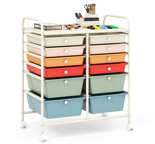 COSTWAY Rollwagen mit 12 stapelbaren Schubladen, Schubladenwagen Rollcontainer mit Metallgestell und Ablagefläche, Badrollwagen Aufbewahrungswagen für Büro, Wohnzimmer (Macaron bunt)