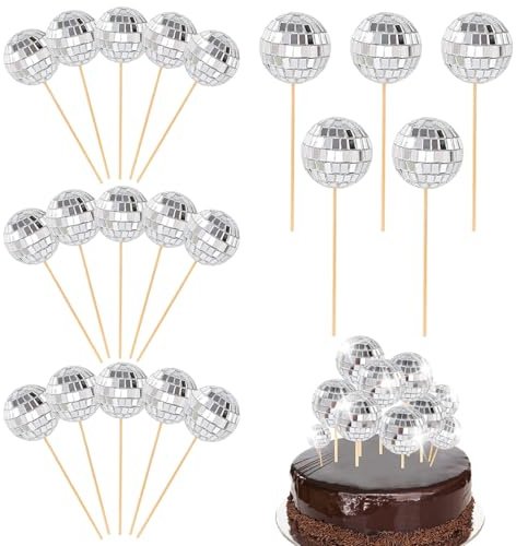 20 st discoboll tårtdekoration, 2 storlekar mini discobollar med träpinne för födelsedag 1970-talet tillbehör för temafest