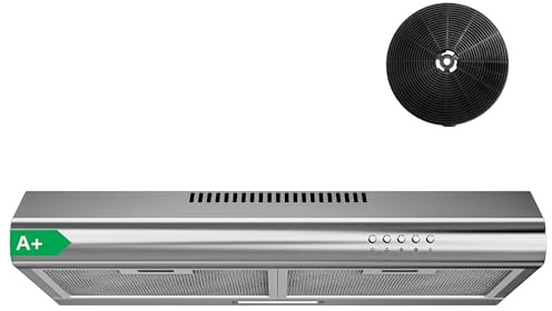 FIREGAS Dunstabzugshaube 60 cm, Umluft- und Abluftbetrieb, 250 m³/h, 3 Leistungsstufen, inkl. Kohlefilter, energieeffizient A+, leise, LED-Beleuchtung, Edelstahl