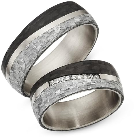 123traumringe Eheringe Set in Carbon & Titan I Partnerringe mit elf Zirkonia I Gratis Gravur und Etui I Ringgröße 50-72 I Hochwertige Verlobungsringe in 7 mm Breite & 2 mm Stärke I P34