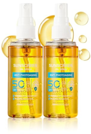 Sunscreen Oil Face & Body Spray with SPF 50+, Transparent Waterproof Sun Protection Spray for Hair and Scalp, Glowing Body Oil Mist for All Skin Types, Non-Greasy & Travel Size, 100ml (2pc)