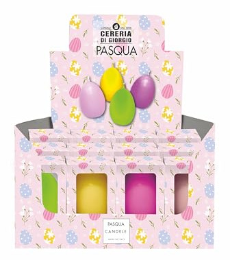 Cereria Di Giorgio - 12 Candele a forma di Uovo - 4 Colori Assortiti - Diametro 4 cm Altezza 6 cm - Astuccio Decorato - Spring Collection - Idea regalo Pasqua