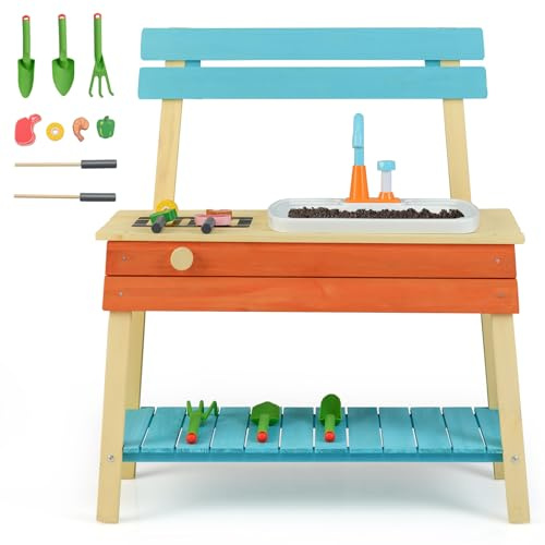 GYMAX Kids Mud Kitchen, Wooden Toy Kitchen with Removable Sink, Grill Rack, Circulation Faucet and Gardening Accessories, Outdoor Cooking Role Playset for 3-8 Years Old | with Removable Sink, Grill Rack, Circulation Faucet and Gardening Accessories, Outdoor Cooking Role Playset for 3-8 Years Old