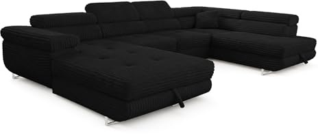 SOFILAND Cordo U XXL Wohnlandschaft mit Schlaffunktion und 2 Bettkästen - Breitcord Tilia - U-Form Sofa (Schwarz, Rechte Seite)