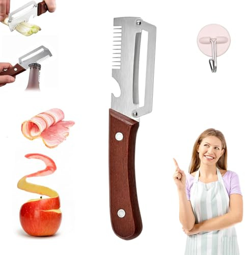 Julienne Peeler, Éplucheur Légumes Multifonction 5 en 1, Couteau Éplucheur Polyvalent en Acier Inoxydable avec Manche en Bois Ergonomique, Économe à Julienne et Décapsuleur pour Cuisine (1)