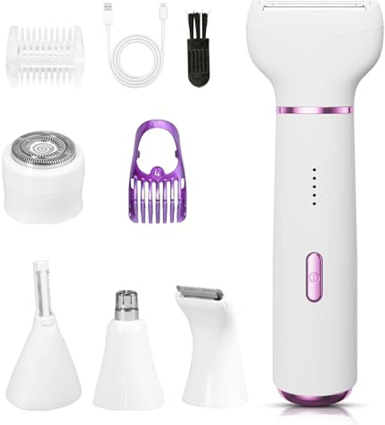 Afeitadora Mujer 5 en 1, Rasuradora Mujer zona Intima, 2 Velocidades Removedor Vello Facial, Recortador Nariz & Cejas, Seco & Húmedo Depiladora para Bikini, Cara, Nariz/Orejas Recargable USB