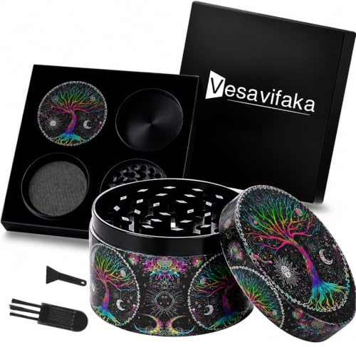 Vesavifaka Grinder Large Crusher, 63 mm Tree of Life Grinder, 4 Layers, for Spice, Herbs, Seasonings, Herb, Coffee with Pollen Scraper and Brush, Gift for Special Occasions