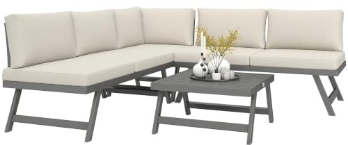 Outsunny Salon de Jardin Extérieur d'angle et Convertible 4 Pièces Beige | Mobilier de Jardin pour Terrasse Balcon, 2 Banquettes, 1 Fauteuil d'Angle, 1 Table Basse, Aluminium et Acier