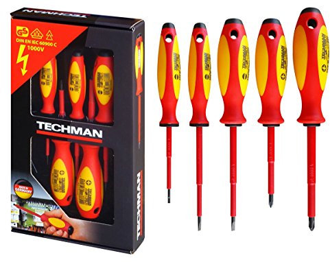 Techman - Jeu de 5 Tournevis Plats / Philips isolés 1000V ( Plats 2,5x75 / 3,5x100 / 4x100 / Ph1x80 / Ph2x100 ) - 1170550 - Techman