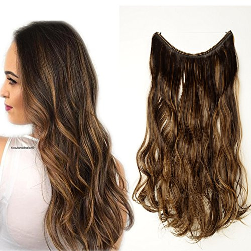 Hårförlängningar Hårstycken 1 väft med osynlig hemlig Trådkrona Hår Extensions syntetiska lockigt vågigt 50 cm-90g Mörkbrun & Sandblond-1