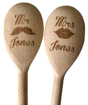 Memories & Gifts Ltd Personalised Mr & Mrs Engraved NAME Wedding Wooden Spoon Gift