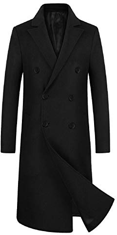 iCKER Men's Wool Woolen Coat Long Trench Coat Winter Casual Jacket Slim Fit Overcoat, Black 2, M