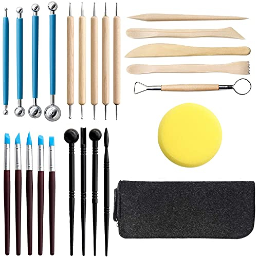 Polymer Clay Werkzeuge, 25pcs Polymer Ton Modellierwerkzeug, 5 Dotting Tool, 5 Modellierwerkzeug Silikon, 4 Ball Tool, 4 Modellierwerkzeug, 5 Ton Schnitzwerkzeuge, Schwamm und Aufbewahrungstasche