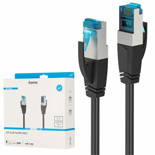 Hama Cat 6a Netzwerkkabel 10m, Gigabit Ethernet bis zu 10 Gbps (RJ45 Lankabel, S/FTP doppelt geschirmt, verdrillte Datenpaare, Knickschutz, schlanke Stecker, Ethernetkabel mit robustem Kabelmantel)