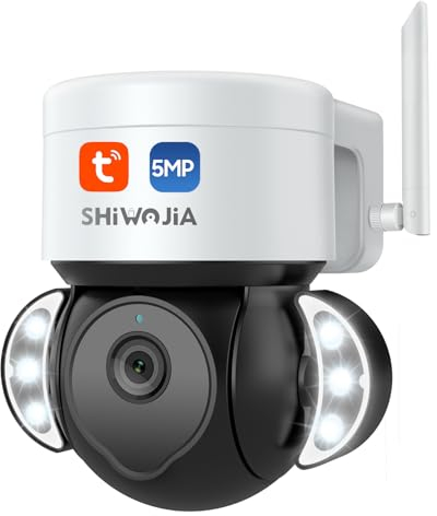 SHIWOJIA PTZ Camera Outdoor, Floodlight Security Camera 5MP CCTV Tuya Smart Life Camera, Two-way Audio, Color Night Vision,AI Human Motion Detection