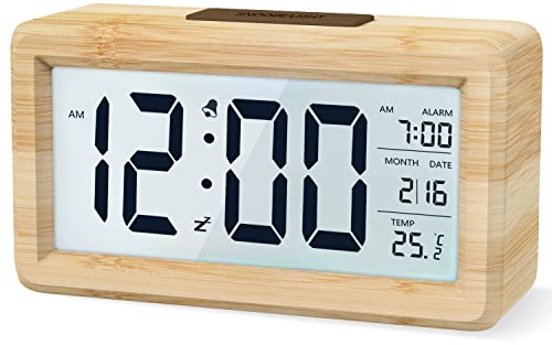 aboveClock Reloj Despertador Digital, Despertador con Pantalla de Temperatura, Pantalla Grande, Reloj Despertador Pilas Brillo Regulable, Función Snooze【3 × AAA Baterías Necesarias】(Bambú)