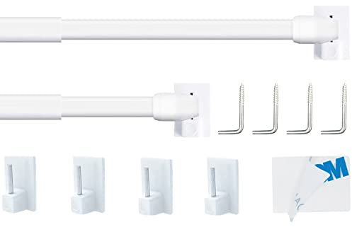 2PCS Adjustable Rods for Curtain, Net Curtain Extendable Rod, No Drill Net Curtain Rod for Kitchen, Windows, DIY Projects with 4PCS Self-adhesive Hooks(40-70CM/15.75-27.55Inch,White)