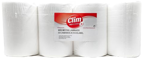 Clim Profesional 12 Rollos Papel Secamanos Mini Mecha Laminado 60m Ecolabel | Doble Capa Gofrado, Precorte 39cm, 21gr/Capa, Uso Manual o Dispensador