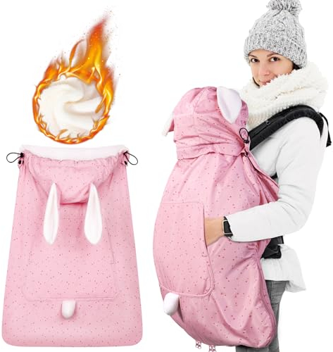 Orzbow Tragecover Babytrage Winter, Universal Wintercover Babytrage, Regenschutz Babytrage mit Aufbewahrungstasche, Abnehmbares Oberteil, Polarfleece-Futter, Wasserdichte, Rosa Kaninchen