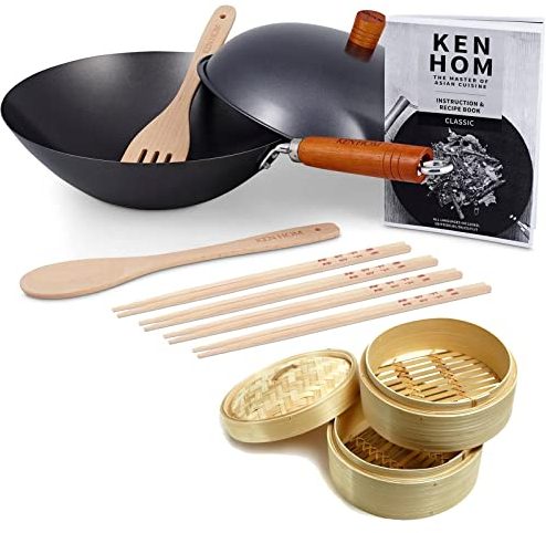 Ken Hom Wok Set 14-tlg. - Antihaft Stielwok 31 cm aus Karbonstahl mit Holzgriff - für Gas, Elektro und Glaskeramik - Set inkl. Dampfkorb 20 cm & 4 Paar Essstäbchen - nicht induktionsgeeignet