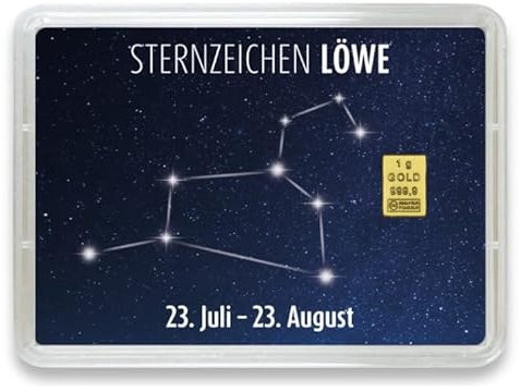 Goldstücke24 - Goldbarren mit Sternzeichen in Motivbox - Tolle Geschenkidee - Echtheitsgarantie (Löwe: 23. Juli - 23. August, 1g Gold)