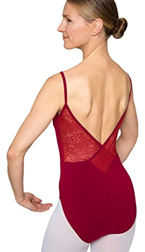 tanzmuster Ballett Trikot Damen Spaghettiträger - Nadine - BH-Pad-Einschub - tiefer Rückenausschnitt mit geblümter Spitze - Tanz Body aus Baumwolle - Ballettkleidung für Erwachsene