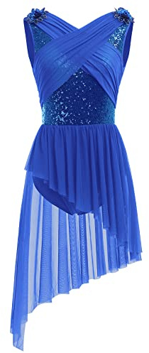Odizli Damen Ärmellos U-Rücken Glitzer Pailletten Blume Ballett Body Asymmetrischer Tüllkleid Ballettkleid Tanzkleid