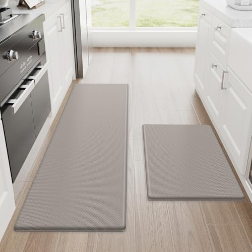 StepRite Kitchen Mats, 2PCS Kitchen Rugs, Cushioned Anti Fatigue Kitchen Mats for Floor, Non-Slip Standing Desk Mat, Waterproof Kitchen Rug Set for Kitchen, Floor, Office, 17.3x30+17.3x47, Khaki