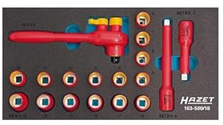 Hazet Steckschlüssel-Satz, schutzisoliert 163-580/18, IEC 60900:2018 | 3/8 Zoll (10 mm) Vierkant hohl, Antrieb 3/8 Zoll (10 mm) Vierkant hohl, Abtrieb Außen-Tractionsprofil Doppelsechskant, 1366 g