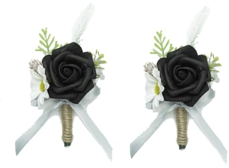 Yurosiay Schwarz Rosen Boutonniere Hochzeit Handgefertigte Satin Ansteckblume Hochzeit Künstliche Blumen Boutonniere Mit Pin und Clip Ansteckblumen für Bräutigam Braut Gäste Ball Party 2 Stück