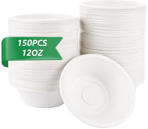 VIDETOL 150 Stück Suppenschalen Einweg, 350ml Suppenschüssel Einweg, Pappschalen aus Zuckerrohr, Weiß Suppenteller für Küche, Picknicks und Grillfesten