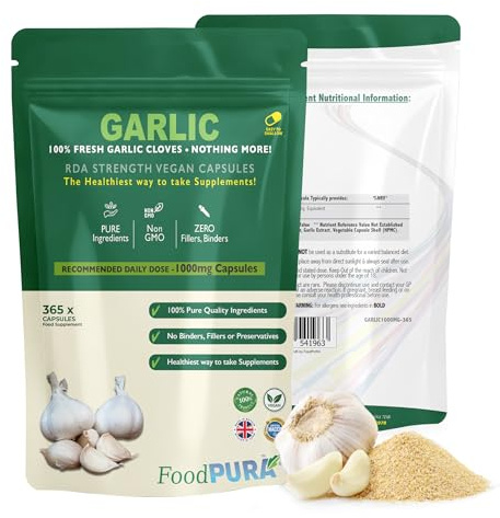 FoodPURA 365 X Pure Garlic Capsules Recommended Daily Strength 1000mg - Capsules are The SAFEST Way to take Any Supplement! HACCP Certified, Manufactured in The UK.