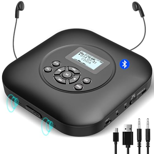 Lettore CD portatile Bluetooth con altoparlante, lettore CD ricaricabile da 1800 mAh portatile con protezione antiurto e anti-skip, cuffie e cavo AUX, per auto, casa e viaggi.