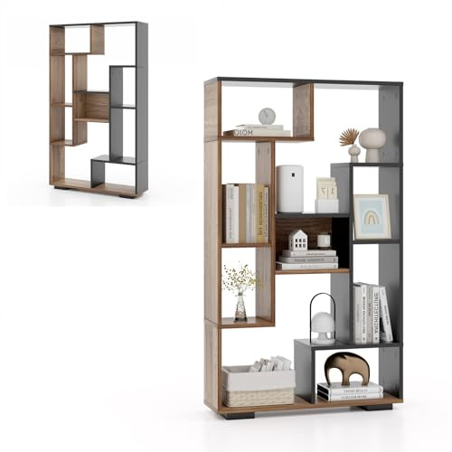 HOMASIS Bücherregal mit 9 Fächern, Würfelregal mit offenen Ablagen, Standregal Holz geometrisch, Aufbewahrungsregal mit Kippschutz, Raumteiler für Wohnzimmer Arbeitszimmer, 70x20x120cm (Schwarz+Natur)