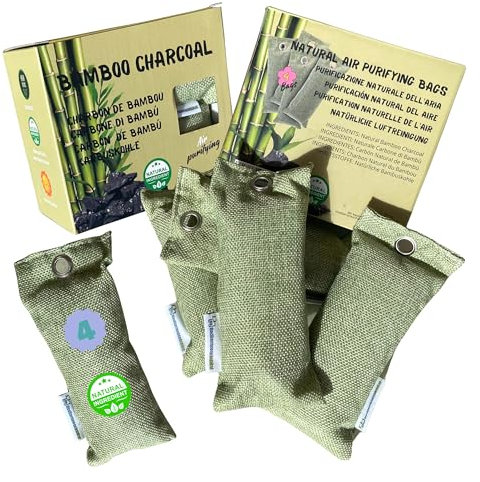 Saquitos Carbón Activo de Bambú. Deshumidificador Humedades Purificador de Aire Eliminador de Olores Natural para Casa Armarios Cajones Humedad Olor Zapatillas Calzado. 4 Saquitos 75g Carbon Activo
