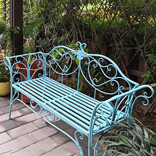 Retro-Gartenbank aus Metall, 2-Sitzer mit gebogener Rückenlehne und Armlehne, Outdoor-Bank aus Gusseisen und Aluminium, für Terrasse, Veranda, Hof, einfache Montage, Hellblau