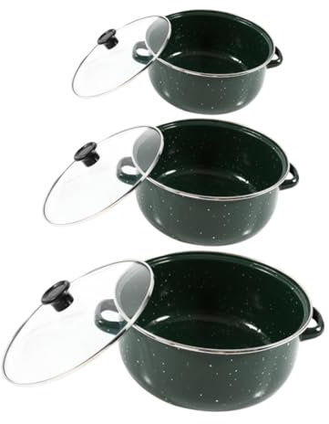 Ciieeo Enamel Soup Pot and Induction Pasta Pot Mini Stockpot Set with Lid, Green Enamelware Cooking Pan for Noodle, Stew, and Hotpot, Compact Kitchen Cookware Trio for Household Use