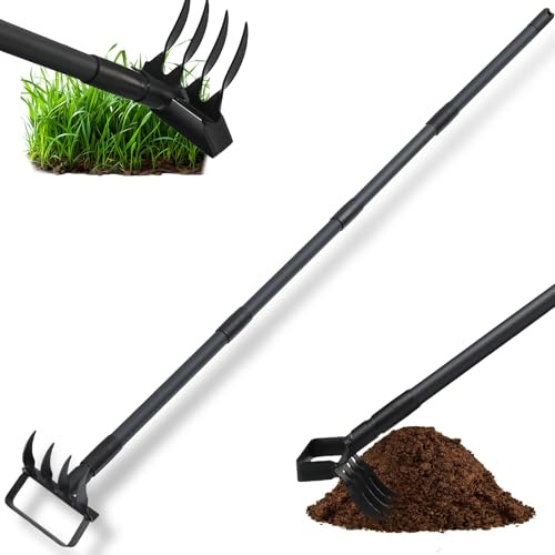 2 in 1 Weeding Tools Gardening Weed Puller with Long Handle,Stirrup Hula Garden Hoe with 4 Tines Rake,Garden Tiller Cultivator with 62.6 Adjustable Handle for Weeding,Seeding,Ditching,Loosening