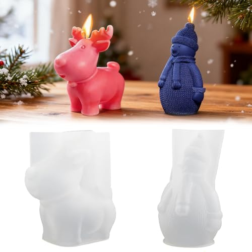 Zoonvii 2 Stück 3D Kerzenform Silikon,Weihnachten Kerzenform | Silikonform Kerze,Rehe Weihnachten Schneemann,für DIY Silikon Kerzen Gießform,Weihnachtsschmuck Dekoration