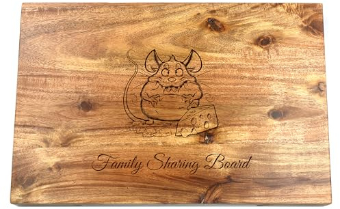 Cathcart Elliot Personalised Large Acacia Wood Cheese Board Gift Set with Mouse Themed Art and Cutting Tools 36cm x 24cm