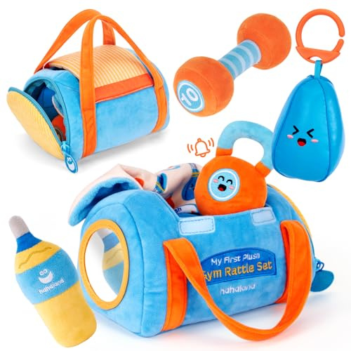 hahaland Jouet Bebe 0-3 6 Mois Peluche Motricité Sensoriel Set mit Haltère, Hochets, Papier Froissé & Miroir, Jouet Montessori d'activité et développement pour Bebe Cadeau Naissance Fille Garcon