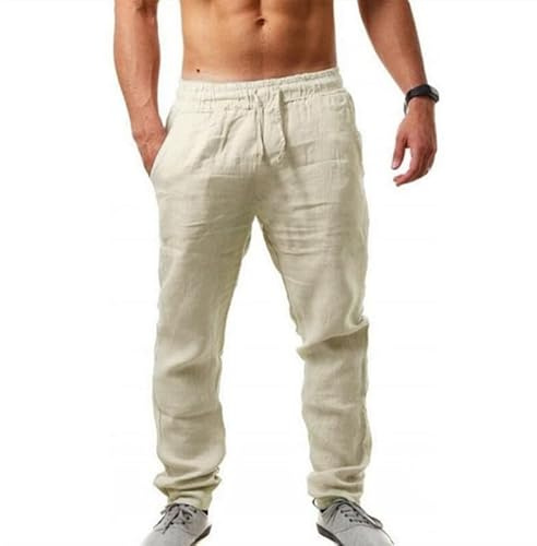 Litthing Mens Linen Trousers Casual Summer Pants Elasticated Waist Drawstring Trouser Men's Holiday Beach Pant with Pockets Lightweight Loose Fit Cotton Jogging Bottoms Beige