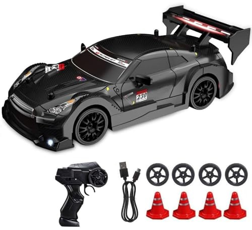 KUWUNG RC Drift Car, 1:24 Remote Control Cars with Cool LED Lighting, 2.4 GHz Rechargeable Mini RC Drift Car, 30km/h, 4WD Toy Vehicle Gift for Kids and Adults (Black)