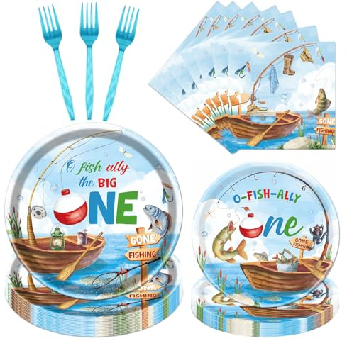 Rakuto Ofishally One Birthday Party Decorations, 96Pcs O Fishally One First Bday Paper Plates and Napkins Tableware Decoration Gone Fishing 1st Forks Decor Fish Themed 1 Years Old Supplies, Serve 24