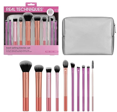 Real Techniques Blends Set, 10-Piece Makeup Brush Collection with Beauty Bag for Face and Eye, Use with Liquid, Cream, or Powder, Vegan, Cruelty-Free, Travel-Friendly, Easy to Clean